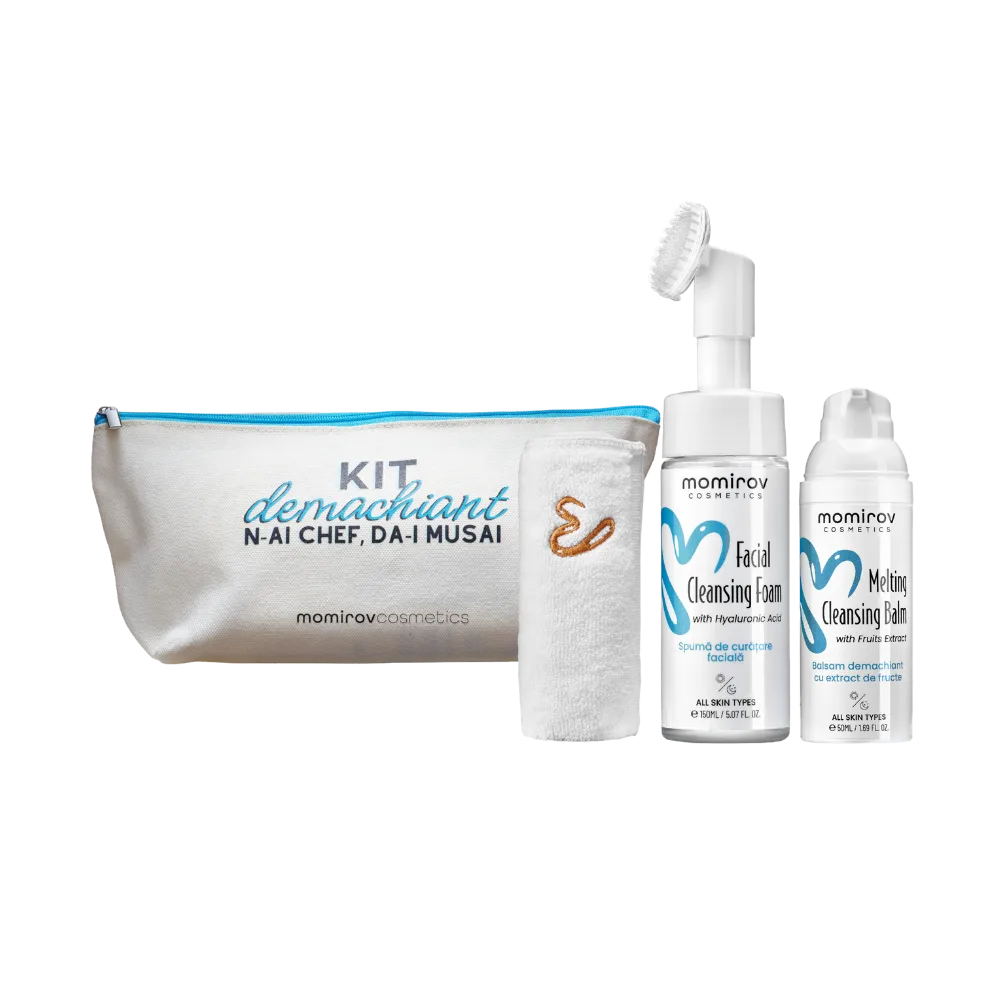 Makeup remover kit with cleansing foam, makeup melting balm, and spa cotton towel + gift pouch
