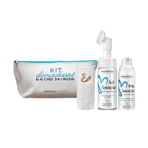 Makeup remover kit with cleansing foam, makeup melting balm, and spa cotton towel + gift pouch