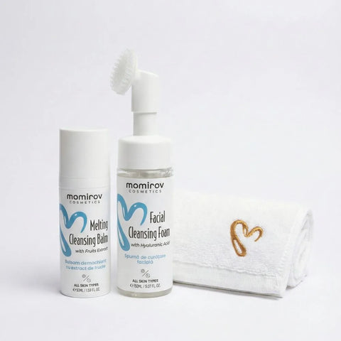 Makeup remover kit with cleansing foam, makeup melting balm, and spa cotton towel + gift pouch